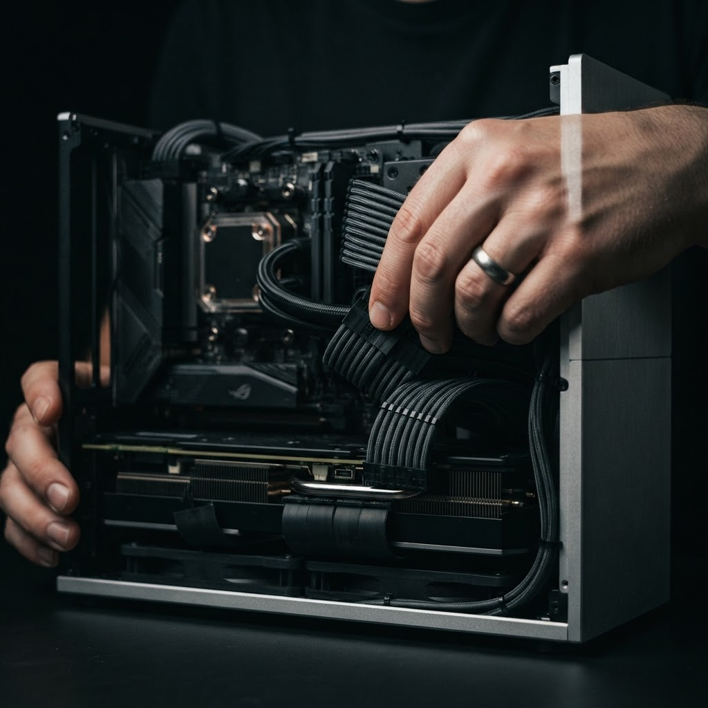 A technician hand-assembling a small-form-factor PC with custom-sleeved cables