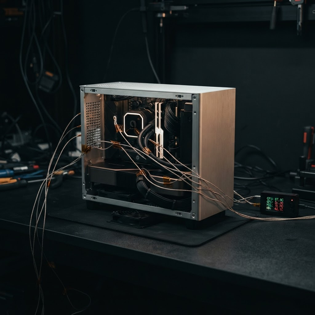 A finished SFF PC undergoing a thermal burn-in stress test on a bench