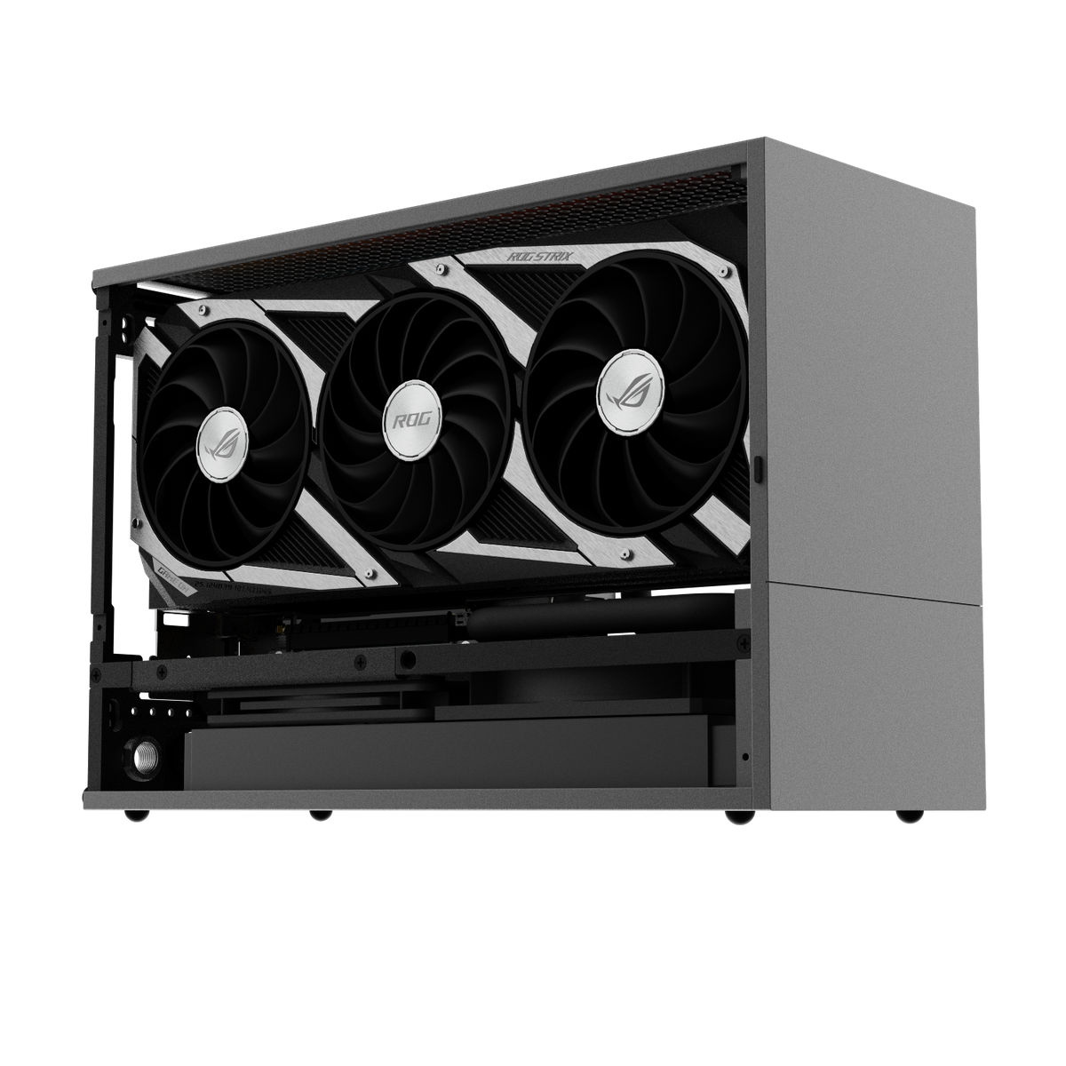 Interior of the FormD T1 showing a vertically mounted flagship GPU beside the motherboard